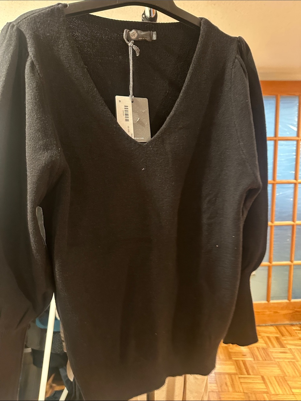 Women’s Deep V-Neck Black Sweater with Subtle Puff Sleeves